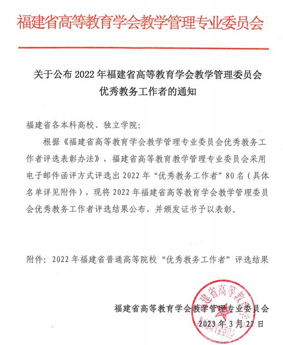 喜报：商学院何丽华被授予2022年福建省普通高等院校“优秀教务工作者”称号
